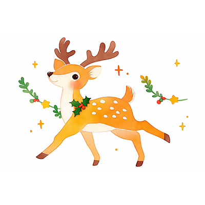 JPG 한마리 잎 크리스마스 일러스트 사슴 수채화 사람없음 장식 국내일러스트 AI일러스트 AI콘텐츠 식물 1 기념일 포유류 파일형식