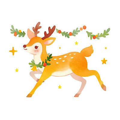 JPG 한마리 잎 크리스마스 일러스트 사슴 수채화 사람없음 장식 국내일러스트 AI일러스트 AI콘텐츠 식물 1 기념일 포유류 파일형식