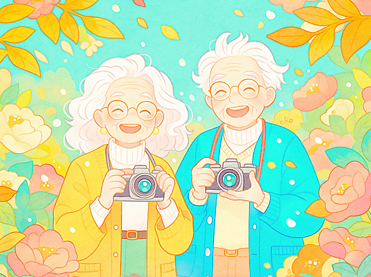 JPG 여자 노년 남자 꽃 일러스트 웃음 들기 상반신 두명 소풍 카메라 노부부 사진촬영 추억 동행 동호회 노인만 안경낌 국내일러스트 AI일러스트 AI콘텐츠 식물 부부 안경 컨셉 모션 표정 사람 성인 전자제품 야외활동 촬영 성인만 파일형식