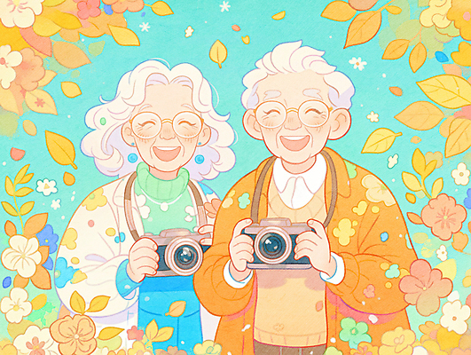 JPG 여자 노년 남자 꽃 일러스트 웃음 들기 상반신 두명 소풍 카메라 노부부 사진촬영 추억 동행 동호회 노인만 안경낌 국내일러스트 AI일러스트 AI콘텐츠 식물 부부 안경 컨셉 모션 표정 사람 성인 전자제품 야외활동 촬영 성인만 파일형식