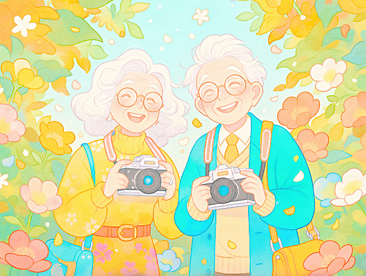 JPG 여자 노년 남자 꽃 일러스트 웃음 들기 상반신 두명 소풍 카메라 노부부 사진촬영 추억 동행 동호회 노인만 안경낌 국내일러스트 AI일러스트 AI콘텐츠 식물 부부 안경 컨셉 모션 표정 사람 성인 전자제품 야외활동 촬영 성인만 파일형식