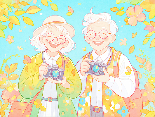JPG 여자 노년 남자 꽃 일러스트 웃음 들기 상반신 두명 소풍 카메라 노부부 사진촬영 추억 동행 동호회 노인만 안경낌 국내일러스트 AI일러스트 AI콘텐츠 식물 부부 안경 컨셉 모션 표정 사람 성인 전자제품 야외활동 촬영 성인만 파일형식