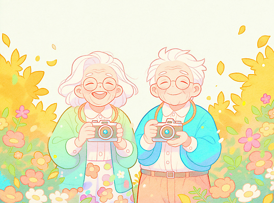 JPG 여자 노년 남자 꽃 일러스트 웃음 들기 상반신 두명 소풍 카메라 노부부 사진촬영 추억 동행 동호회 노인만 안경낌 국내일러스트 AI일러스트 AI콘텐츠 식물 부부 안경 컨셉 모션 표정 사람 성인 전자제품 야외활동 촬영 성인만 파일형식