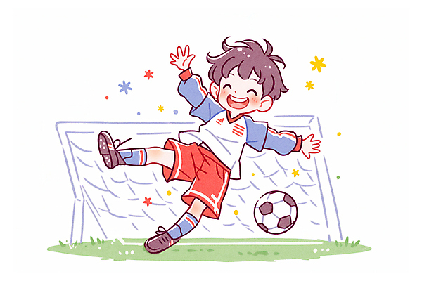 JPG 전신 남자 어린이 일러스트 한명 웃음 소년 운동 점프 축구 기쁨 만세 우승 골대 축구화 세레모니 소년한명만 국내일러스트 AI일러스트 AI콘텐츠 1 감정 운동화 축구용품 모션 표정 건강 사람 구기 최고 남자한명만 소년만 파일형식