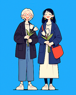 JPG 전신 여자 노년 딸 행복 안경 꽃다발 일러스트 가족 엄마 서기 미소 웃음 들기 성인 두명 파란색 튤립 코트 동행 여자만 국내일러스트 AI일러스트 AI콘텐츠 잡화 꽃 감정 컬러 관계 모션 표정 사람 외투 파일형식