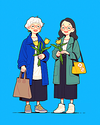 JPG 전신 여자 노년 딸 행복 안경 꽃다발 일러스트 가족 엄마 서기 미소 웃음 들기 성인 두명 파란색 튤립 코트 동행 여자만 국내일러스트 AI일러스트 AI콘텐츠 잡화 꽃 감정 컬러 관계 모션 표정 사람 외투 파일형식