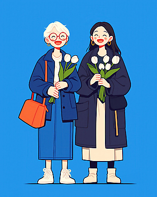 JPG 전신 여자 노년 딸 행복 안경 꽃다발 일러스트 가족 엄마 서기 미소 웃음 들기 성인 두명 파란색 튤립 코트 동행 여자만 국내일러스트 AI일러스트 AI콘텐츠 잡화 꽃 감정 컬러 관계 모션 표정 사람 외투 파일형식