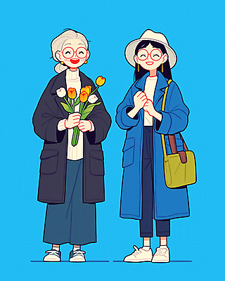 JPG 전신 여자 노년 딸 행복 안경 꽃다발 일러스트 가족 엄마 서기 미소 웃음 들기 성인 두명 파란색 튤립 코트 동행 여자만 국내일러스트 AI일러스트 AI콘텐츠 잡화 꽃 감정 컬러 관계 모션 표정 사람 외투 파일형식