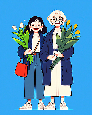 JPG 전신 여자 노년 딸 행복 안경 꽃다발 일러스트 가족 엄마 서기 미소 웃음 들기 성인 두명 파란색 튤립 코트 동행 여자만 국내일러스트 AI일러스트 AI콘텐츠 잡화 꽃 감정 컬러 관계 모션 표정 사람 외투 파일형식