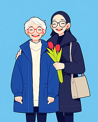JPG 여자 노년 딸 행복 안경 꽃다발 일러스트 가족 엄마 서기 미소 웃음 들기 상반신 성인 두명 파란색 튤립 코트 동행 여자만 어깨에손 국내일러스트 AI일러스트 AI콘텐츠 잡화 꽃 감정 컬러 관계 모션 표정 사람 외투 파일형식