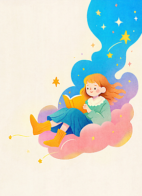 JPG 전신 구름 여자 별 어린이 일러스트 상상 밤하늘 수채화 한명 앉기 소녀 책 반짝임 판타지 독서 꿈 창의성 소녀한명만 국내일러스트 독파민 AI일러스트 AI콘텐츠 자연요소 1 모션 하늘 사람 야간 신조어 여자한명만 소녀만 파일형식