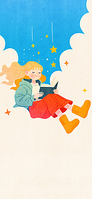 JPG 전신 구름 여자 별 어린이 일러스트 상상 밤하늘 수채화 한명 앉기 소녀 책 반짝임 판타지 독서 꿈 창의성 소녀한명만 국내일러스트 독파민 AI일러스트 AI콘텐츠 자연요소 1 모션 하늘 사람 야간 신조어 여자한명만 소녀만 파일형식