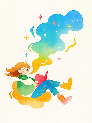 JPG 전신 구름 여자 별 어린이 일러스트 상상 밤하늘 수채화 한명 앉기 소녀 책 반짝임 판타지 독서 꿈 창의성 소녀한명만 국내일러스트 독파민 AI일러스트 AI콘텐츠 자연요소 1 모션 하늘 사람 야간 신조어 여자한명만 소녀만 파일형식