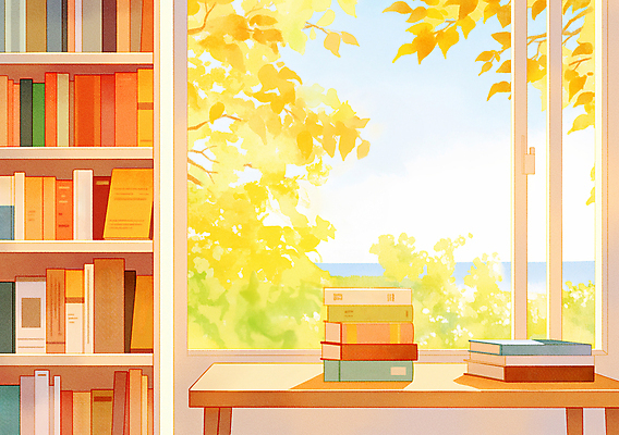 JPG 나무 바다 일러스트 창문 하늘 나뭇잎 책장 사람없음 책 독서 햇빛 맑음 가을 서재 책상 감성 국내일러스트 AI일러스트 AI콘텐츠 식물 계절 가구 컨셉 잎 날씨 태양 파일형식