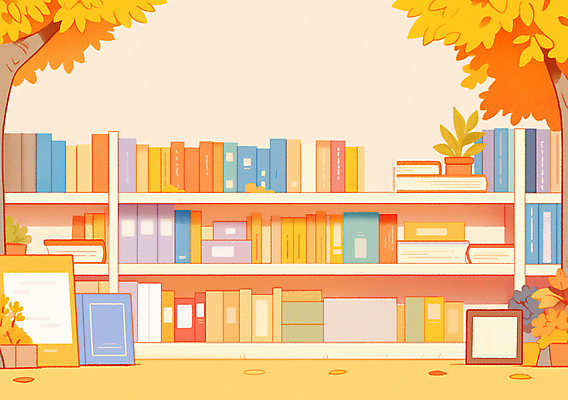 JPG 화분 액자 단풍 일러스트 단풍나무 나뭇잎 책장 사람없음 야외 책 독서 주황색 가을 도서관 서재 감성 국내일러스트 AI일러스트 AI콘텐츠 나무 계절 교육 컬러 가구 컨셉 잎 파일형식