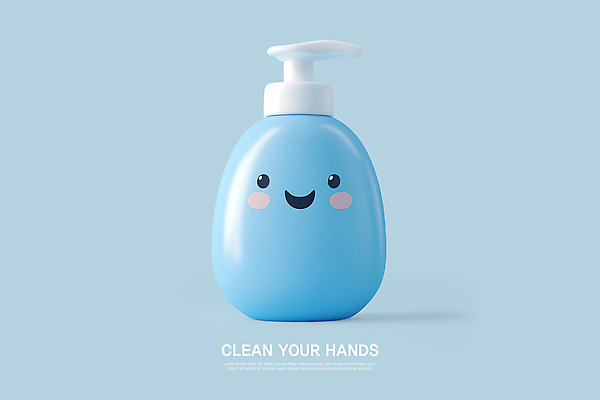 PSD 편집이미지 하늘색 3D캐릭터 미소 사람없음 3D 청결 위생 비누 핸드워시 디스펜서 편집3D 캐릭터 표정 파란색 위생용품 디지털합성 파일형식