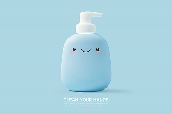 PSD 편집이미지 하늘색 3D캐릭터 미소 사람없음 3D 청결 위생 비누 핸드워시 디스펜서 편집3D 캐릭터 표정 파란색 위생용품 디지털합성 파일형식