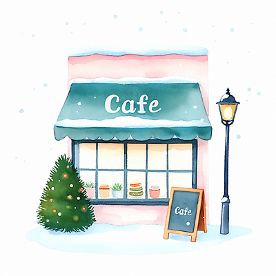 JPG 나무 겨울 가로등 일러스트 따뜻함 사람없음 건물 상점 카페 눈 편안함 입간판 눈내림 국내일러스트 AI일러스트 AI콘텐츠 자연요소 식물 건축물 계절 공공시설 날씨 간판 눈_날씨 감각 파일형식