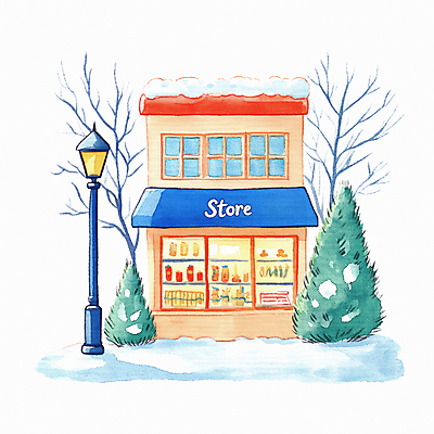 JPG 나무 겨울 가로등 일러스트 따뜻함 사람없음 건물 상점 눈 편안함 국내일러스트 AI일러스트 AI콘텐츠 자연요소 식물 건축물 계절 공공시설 날씨 감각 파일형식