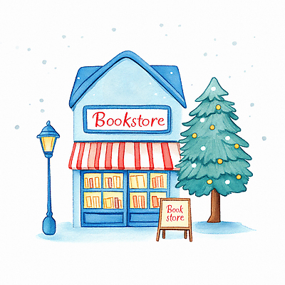 JPG 나무 하늘색 겨울 가로등 일러스트 따뜻함 사람없음 건물 상점 눈 편안함 서점 입간판 눈내림 국내일러스트 AI일러스트 AI콘텐츠 자연요소 식물 건축물 계절 공공시설 날씨 간판 눈_날씨 파란색 감각 파일형식