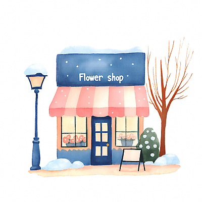 JPG 나무 겨울 가로등 일러스트 따뜻함 사람없음 건물 상점 눈 편안함 꽃집 입간판 국내일러스트 AI일러스트 AI콘텐츠 자연요소 식물 건축물 계절 공공시설 날씨 간판 감각 파일형식