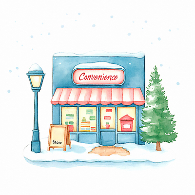 JPG 나무 겨울 가로등 일러스트 따뜻함 사람없음 건물 상점 눈 편안함 입간판 편의점 눈내림 국내일러스트 AI일러스트 AI콘텐츠 자연요소 식물 건축물 계절 공공시설 날씨 간판 눈_날씨 감각 파일형식