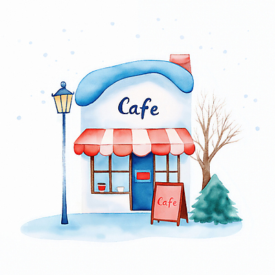 JPG 나무 겨울 가로등 일러스트 따뜻함 사람없음 건물 상점 카페 눈 편안함 입간판 눈내림 국내일러스트 AI일러스트 AI콘텐츠 자연요소 식물 건축물 계절 공공시설 날씨 간판 눈_날씨 감각 파일형식