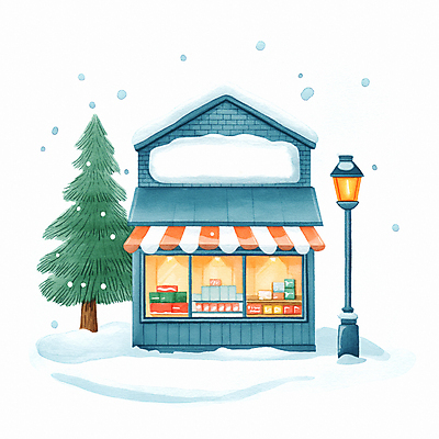 JPG 나무 겨울 가로등 일러스트 따뜻함 사람없음 건물 파란색 상점 주황색 눈 눈내림 국내일러스트 AI일러스트 AI콘텐츠 자연요소 식물 건축물 계절 공공시설 컬러 날씨 눈_날씨 파일형식