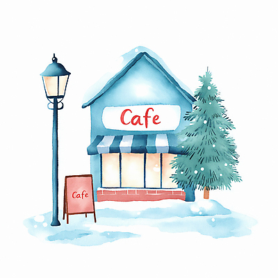 JPG 나무 겨울 가로등 일러스트 따뜻함 사람없음 건물 파란색 상점 카페 눈 편안함 입간판 눈내림 국내일러스트 AI일러스트 AI콘텐츠 자연요소 식물 건축물 계절 공공시설 컬러 날씨 간판 눈_날씨 감각 파일형식