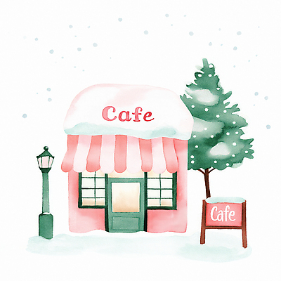 JPG 나무 분홍색 겨울 가로등 일러스트 따뜻함 사람없음 건물 초록색 상점 카페 눈 편안함 입간판 눈내림 국내일러스트 AI일러스트 AI콘텐츠 자연요소 식물 건축물 계절 공공시설 컬러 날씨 간판 눈_날씨 감각 파일형식