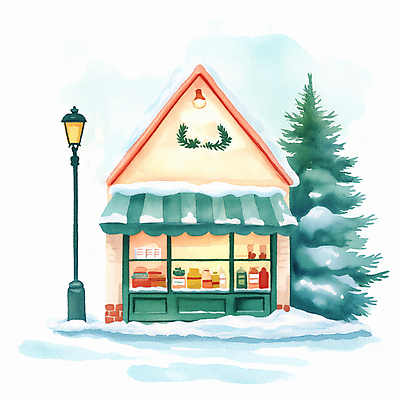 JPG 나무 겨울 가로등 일러스트 따뜻함 사람없음 건물 초록색 상점 눈 편안함 국내일러스트 AI일러스트 AI콘텐츠 자연요소 식물 건축물 계절 공공시설 컬러 날씨 감각 파일형식