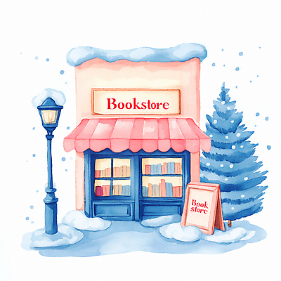 JPG 나무 분홍색 겨울 가로등 일러스트 따뜻함 사람없음 건물 파란색 상점 눈 서점 입간판 눈내림 국내일러스트 AI일러스트 AI콘텐츠 자연요소 식물 건축물 계절 공공시설 컬러 날씨 간판 눈_날씨 파일형식