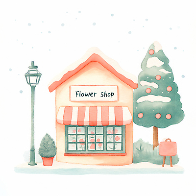 JPG 나무 겨울 가로등 일러스트 따뜻함 사람없음 건물 상점 눈 꽃집 눈내림 국내일러스트 AI일러스트 AI콘텐츠 자연요소 식물 건축물 계절 공공시설 날씨 눈_날씨 파일형식