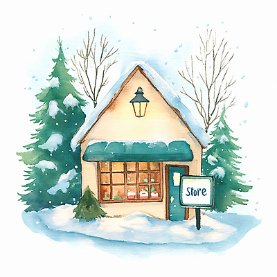 JPG 나무 겨울 일러스트 간판 따뜻함 사람없음 건물 상점 눈 편안함 눈내림 국내일러스트 AI일러스트 AI콘텐츠 자연요소 식물 건축물 계절 날씨 눈_날씨 감각 파일형식