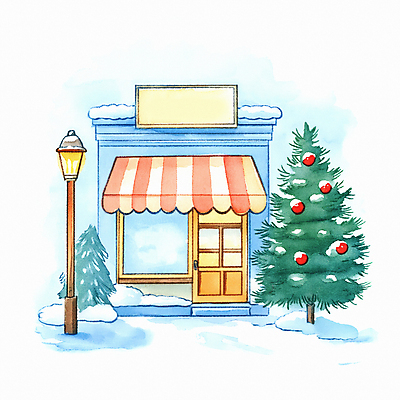 JPG 나무 겨울 가로등 일러스트 따뜻함 사람없음 건물 상점 눈 국내일러스트 AI일러스트 AI콘텐츠 자연요소 식물 건축물 계절 공공시설 날씨 파일형식