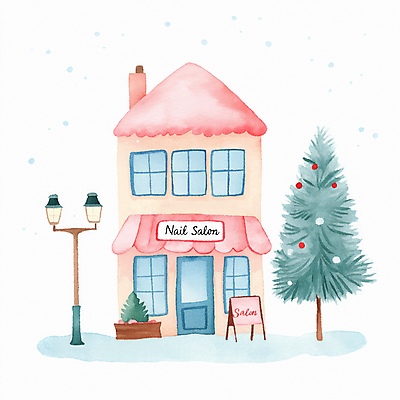 JPG 나무 겨울 가로등 일러스트 따뜻함 사람없음 건물 상점 눈 네일샵 입간판 국내일러스트 AI일러스트 AI콘텐츠 자연요소 식물 건축물 계절 공공시설 날씨 간판 파일형식