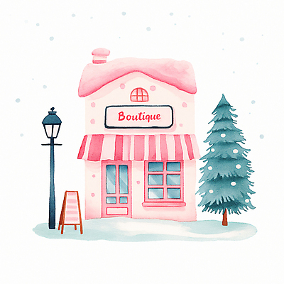 JPG 나무 분홍색 겨울 가로등 일러스트 따뜻함 사람없음 건물 상점 눈 부티크 눈내림 국내일러스트 AI일러스트 AI콘텐츠 자연요소 식물 건축물 계절 공공시설 컬러 날씨 눈_날씨 파일형식