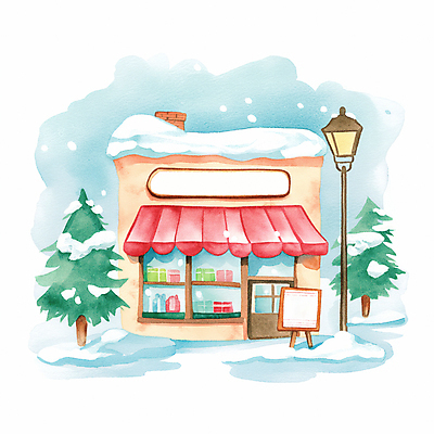 JPG 나무 겨울 가로등 일러스트 따뜻함 사람없음 건물 상점 눈 눈내림 국내일러스트 AI일러스트 AI콘텐츠 자연요소 식물 건축물 계절 공공시설 날씨 눈_날씨 파일형식