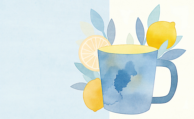 JPG 하늘색 잎 일러스트 따뜻함 사람없음 컵 노란색 차 편안함 찻잔 레몬 국내일러스트 AI일러스트 AI콘텐츠 식물 식기 음료 컬러 과일 잔 파란색 감각 파일형식