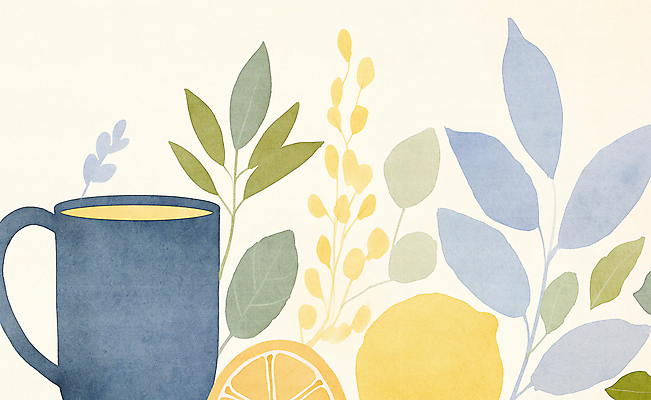 JPG 잎 일러스트 따뜻함 사람없음 컵 파란색 노란색 차 편안함 찻잔 레몬 국내일러스트 AI일러스트 AI콘텐츠 식물 식기 음료 컬러 과일 잔 감각 파일형식