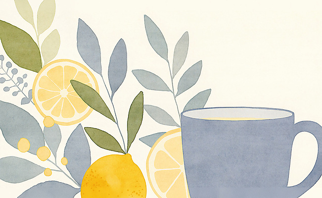 JPG 잎 일러스트 따뜻함 사람없음 컵 차 편안함 찻잔 레몬 국내일러스트 AI일러스트 AI콘텐츠 식물 식기 음료 과일 잔 감각 파일형식