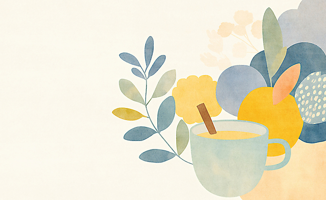 JPG 잎 일러스트 따뜻함 사람없음 컵 노란색 차 편안함 찻잔 국내일러스트 AI일러스트 AI콘텐츠 식물 식기 음료 컬러 잔 감각 파일형식
