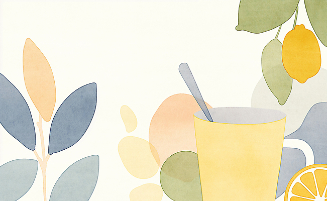 JPG 잎 일러스트 따뜻함 사람없음 컵 노란색 차 편안함 찻잔 티스푼 레몬 국내일러스트 AI일러스트 AI콘텐츠 식물 식기 음료 컬러 과일 잔 숟가락 감각 파일형식