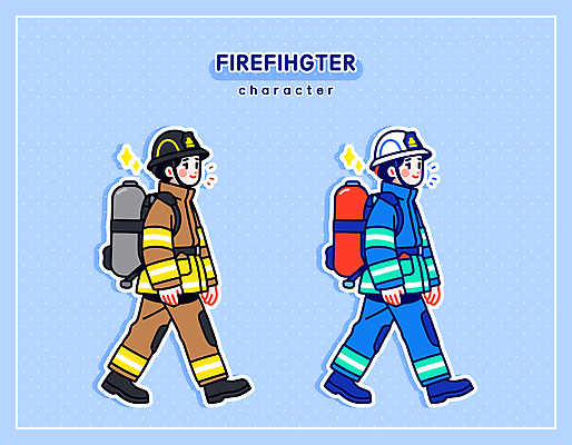 전신 직업 남자 하늘색 일러스트 직업캐릭터 미소 성인 두명 걷기 소방관 소화기 방화복 소방관모자 소방장비 성인남자만 일러캐릭터 AI파일 캐릭터 모자_잡화 모션 표정 사람 파란색 장비 안전장비 구조원 소방 남자만 성인만 파일형식 벡터