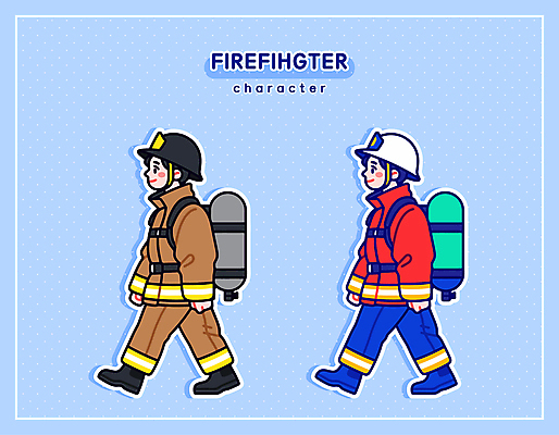 전신 직업 남자 하늘색 일러스트 직업캐릭터 미소 성인 두명 걷기 소방관 소화기 방화복 소방관모자 소방장비 성인남자만 일러캐릭터 AI파일 캐릭터 모자_잡화 모션 표정 사람 파란색 장비 안전장비 구조원 소방 남자만 성인만 파일형식 벡터