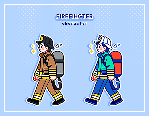 전신 직업 남자 하늘색 일러스트 직업캐릭터 미소 성인 두명 걷기 소방관 소화기 방화복 소방관모자 소방장비 성인남자만 일러캐릭터 AI파일 캐릭터 모자_잡화 모션 표정 사람 파란색 장비 안전장비 구조원 소방 남자만 성인만 파일형식 벡터