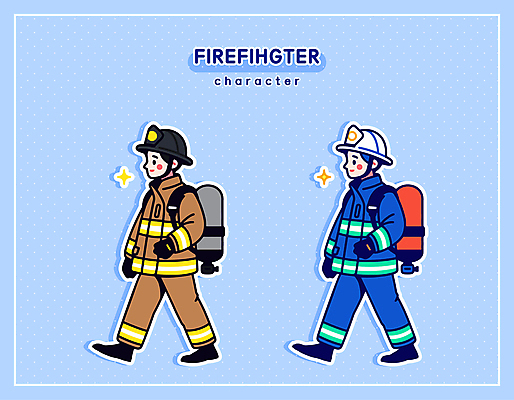 전신 직업 남자 하늘색 일러스트 직업캐릭터 미소 성인 두명 걷기 안전모 소방관 소화기 방화복 소방관모자 소방장비 성인남자만 일러캐릭터 AI파일 캐릭터 모자_잡화 모션 표정 사람 파란색 장비 헬멧 안전장비 구조원 소방 남자만 성인만 파일형식 벡터