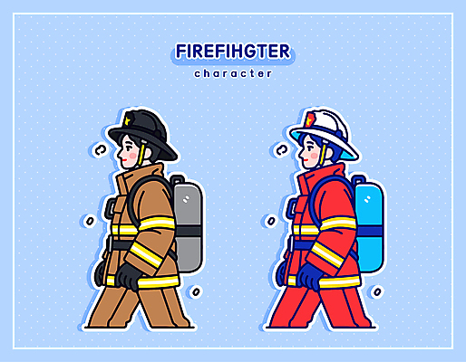 직업 남자 하늘색 일러스트 직업캐릭터 성인 두명 걷기 안전모 소방관 소화기 방화복 소방관모자 소방장비 성인남자만 일러캐릭터 AI파일 캐릭터 모자_잡화 모션 사람 파란색 장비 헬멧 안전장비 구조원 소방 남자만 성인만 파일형식 벡터