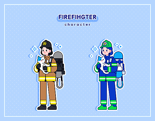 전신 직업 여자 하늘색 일러스트 안기 직업캐릭터 성인 두명 고양이 구출 안전모 소방관 소화기 방화복 소방관모자 소방장비 성인여자만 일러캐릭터 AI파일 캐릭터 모자_잡화 포유류 모션 사람 파란색 반려동물 장비 도움 헬멧 안전장비 구조원 소방 여자만 성인만 파일형식 벡터