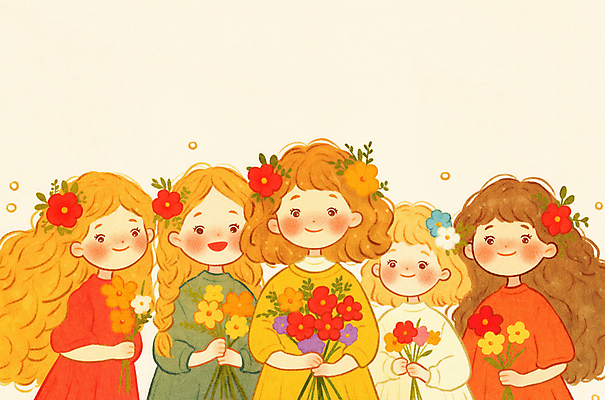 JPG 여자 꽃 어린이 꽃다발 일러스트 수채화 미소 웃음 들기 소녀 여러명 친구 기쁨 빈티지 소녀만 동심 국내일러스트 AI일러스트 AI콘텐츠 식물 감정 다수 컨셉 관계 모션 표정 사람 여자만 어린이만 파일형식
